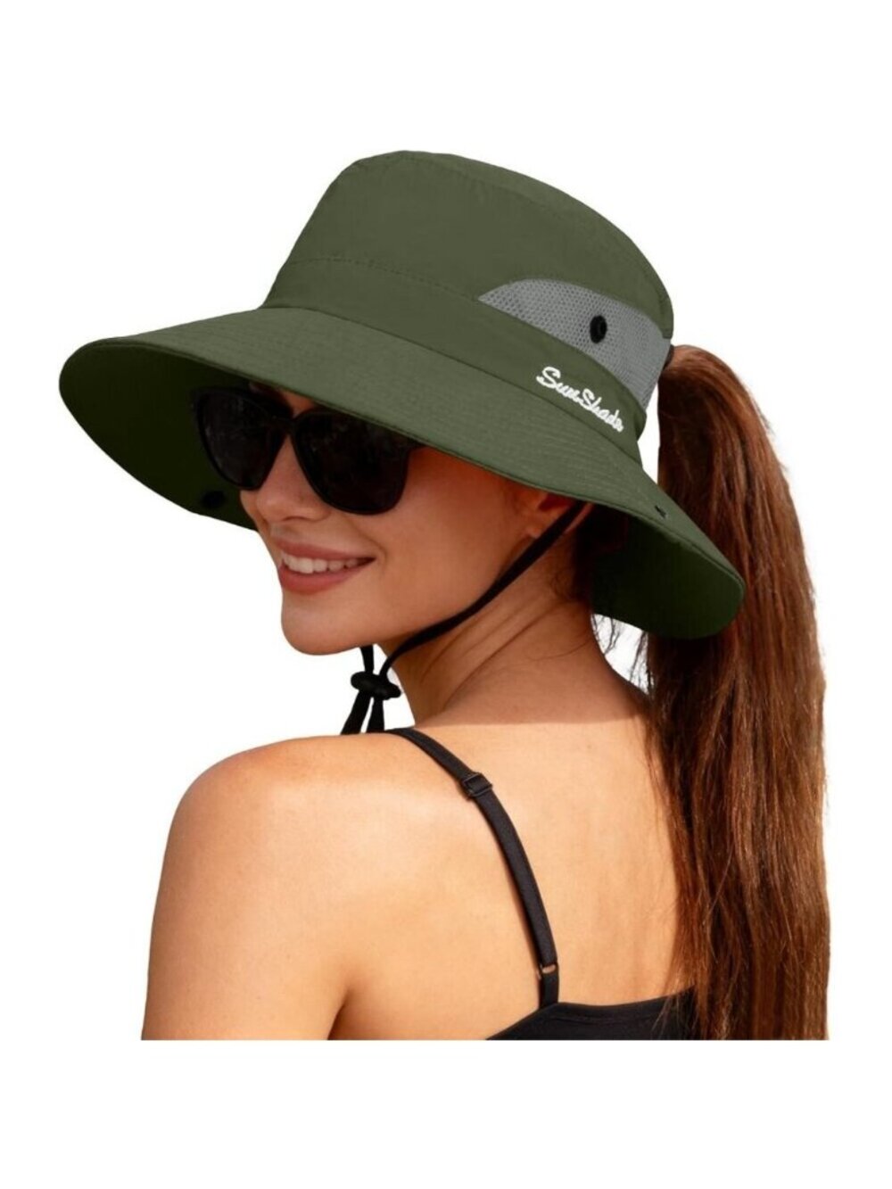 Women's Olive 100% Polyester Wide Brim Mesh Uv Protection Chin Strap Cowboy Hat